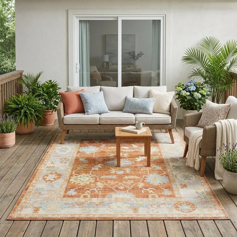 5' X 7' Blue and Orange Floral Stain Resistant Indoor Outdoor Area Rug Homeroots Outdoor