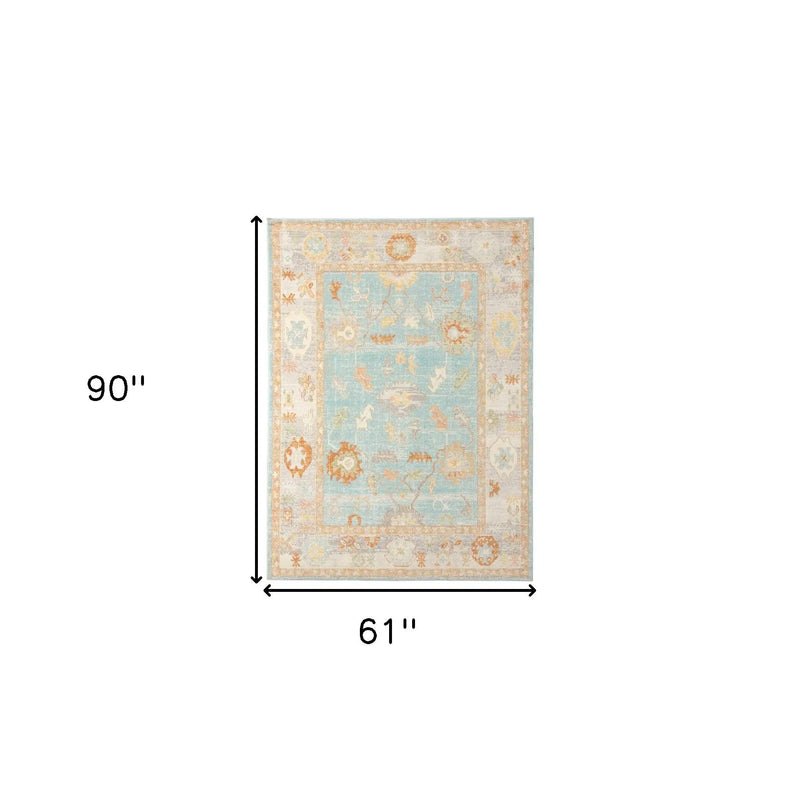 5' X 7' Blue and Orange Floral Stain Resistant Indoor Outdoor Area Rug Homeroots Outdoor