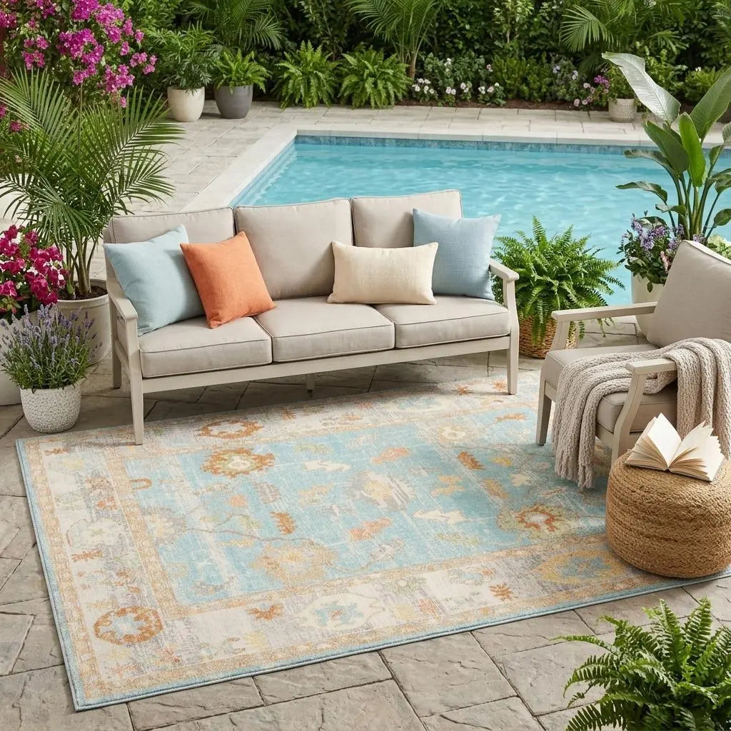 5' X 7' Blue and Orange Floral Stain Resistant Indoor Outdoor Area Rug Homeroots Outdoor