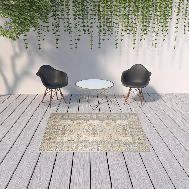 5' X 7' Blue and Orange Medallion Stain Resistant Indoor Outdoor Area Rug Homeroots Outdoor