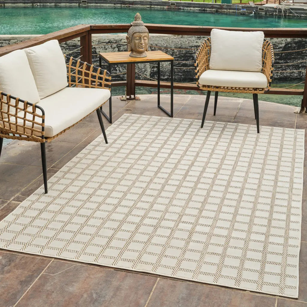 5' X 7' Cream and Beige Geometric Distressed Indoor Outdoor Area Rug Homeroots Outdoor