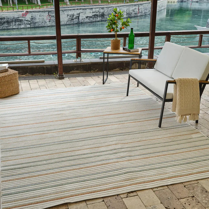 5' X 7' Cream and Beige Striped Distressed Indoor Outdoor Area Rug Homeroots Outdoor
