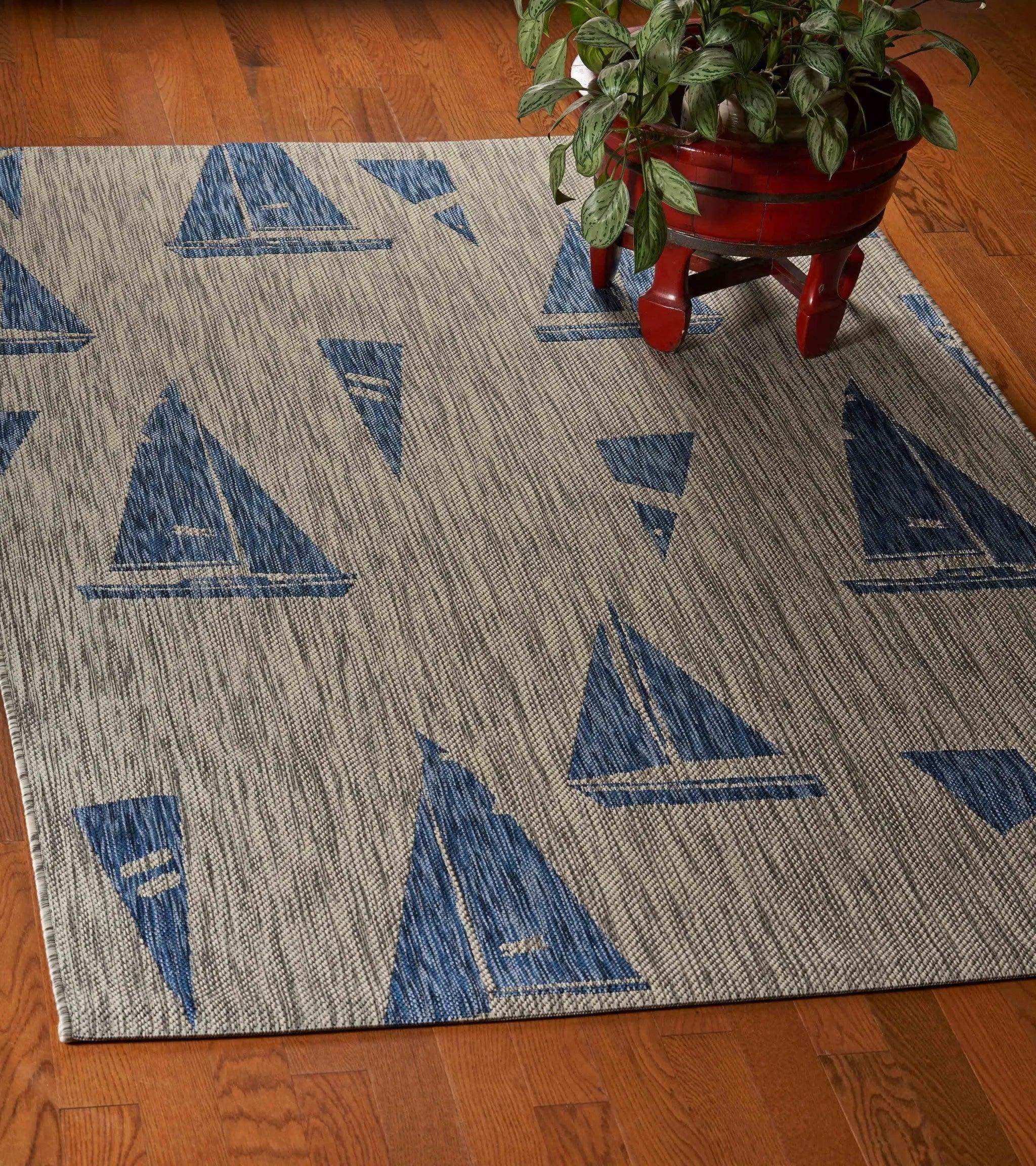 5' X 7' Gray And Blue Sailboat Indoor Outdoor Area Rug Homeroots Outdoor