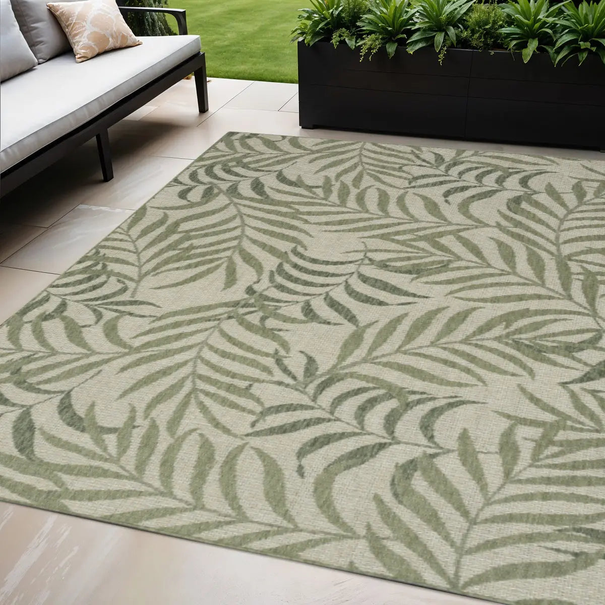 5' X 7' Ivory And Green Palm Leaf Indoor Outdoor Area Rug Homeroots Outdoor