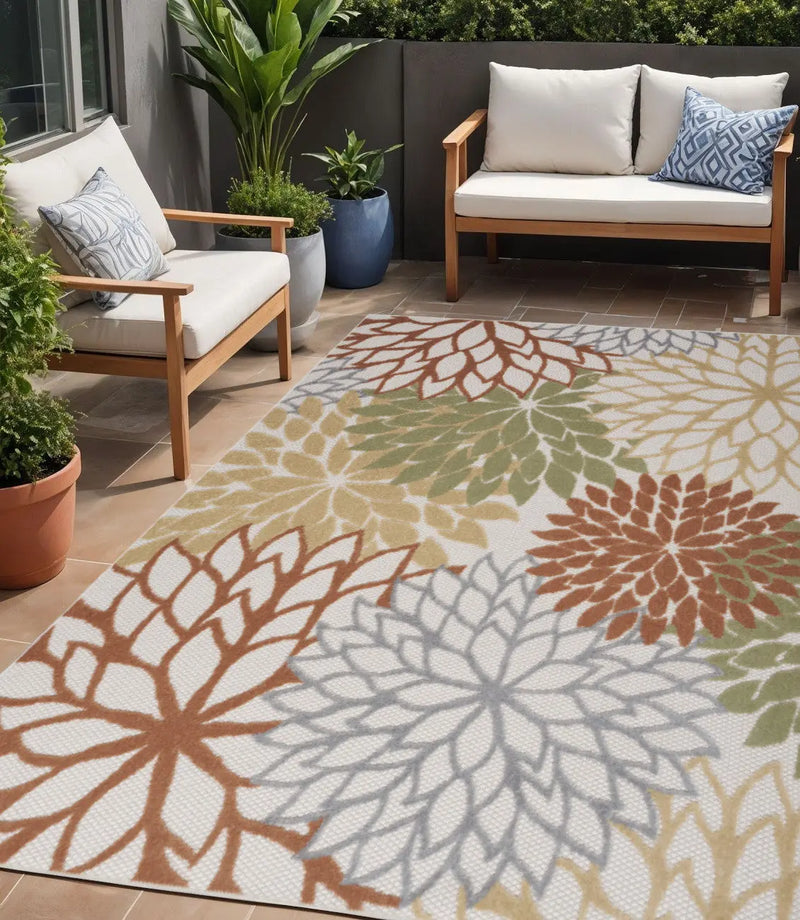 5' X 7' Ivory Green And Blue Indoor Outdoor Area Rug Homeroots Outdoor