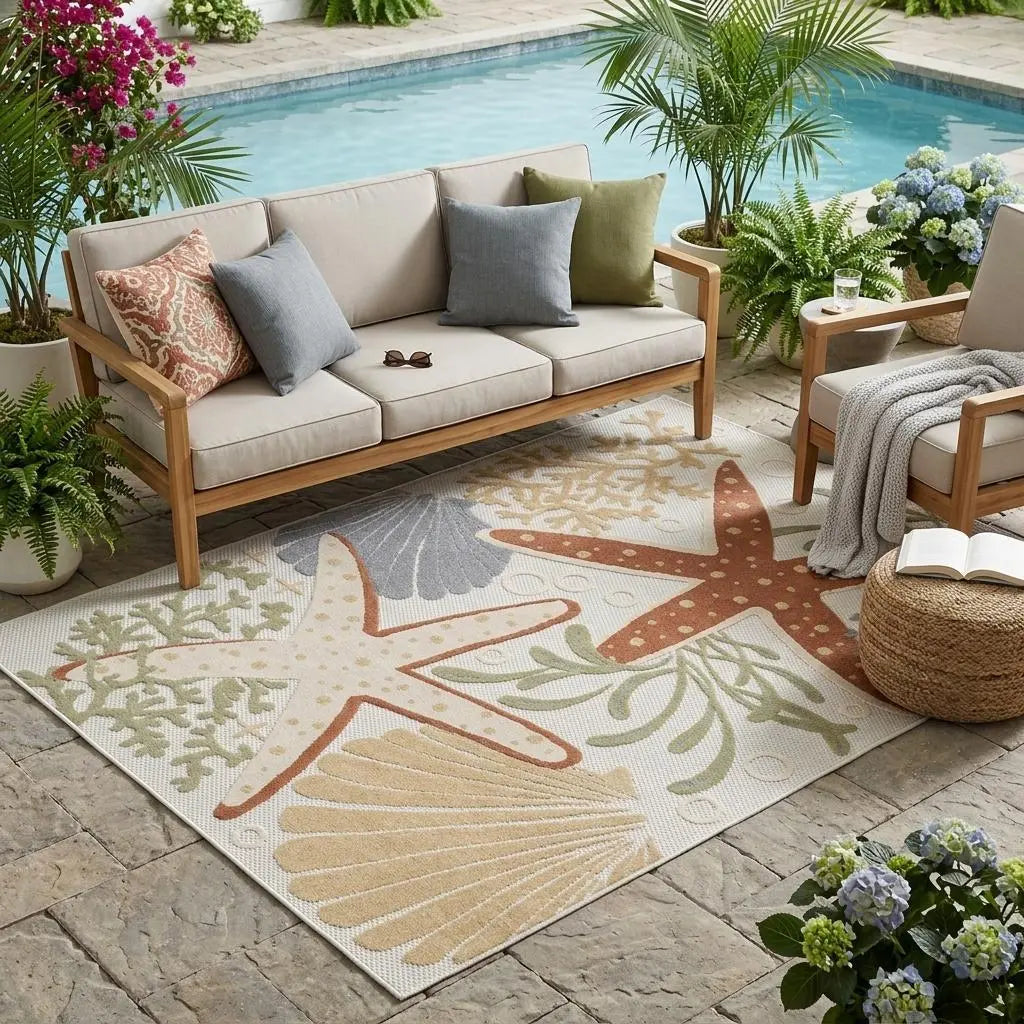 5' X 7' Ivory Orange and Blue Indoor Outdoor Area Rug Homeroots Outdoor