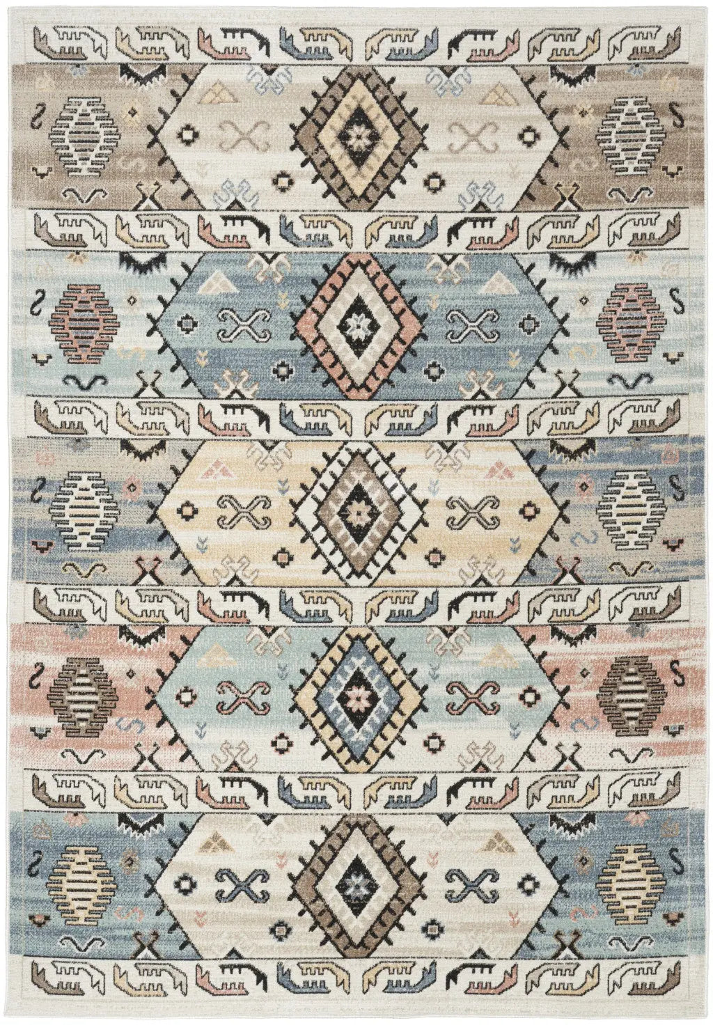 5' X 7' Ivory Tan And Blue Geometric Flatweave Area Rug Homeroots Home Decor