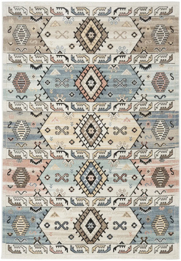 5' X 7' Ivory Tan And Blue Geometric Flatweave Area Rug Homeroots Home Decor