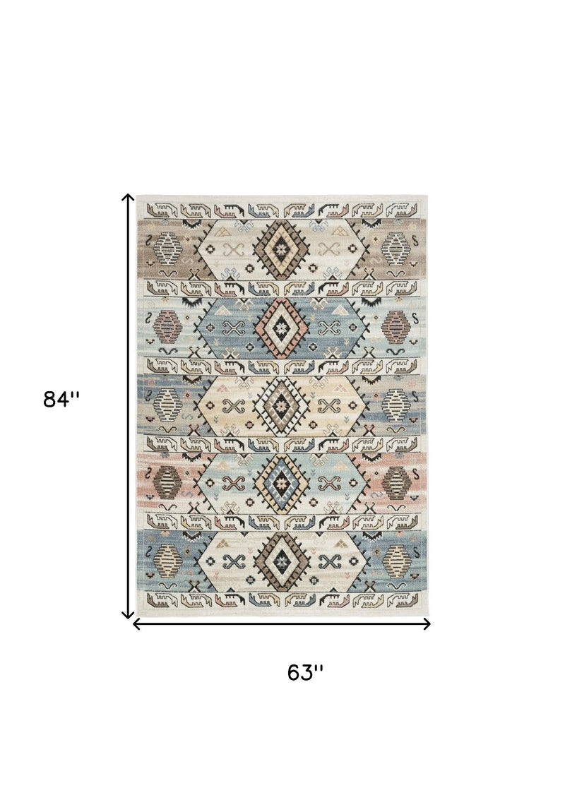 5' X 7' Ivory Tan And Blue Geometric Flatweave Area Rug Homeroots Home Decor
