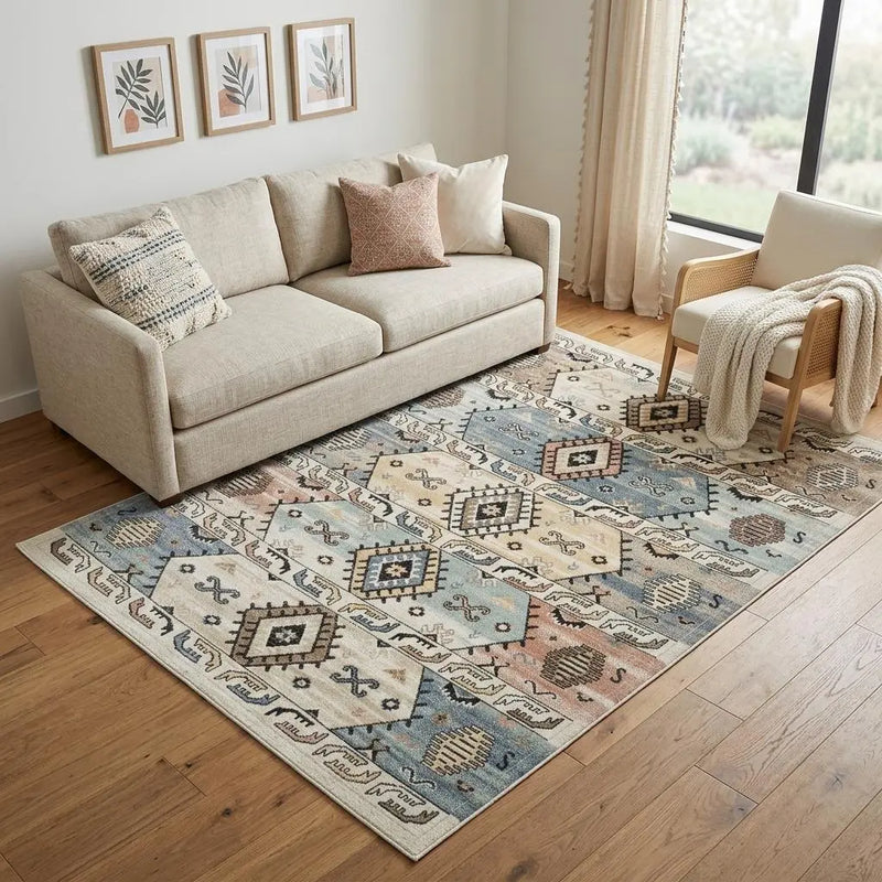 5' X 7' Ivory Tan And Blue Geometric Flatweave Area Rug Homeroots Home Decor