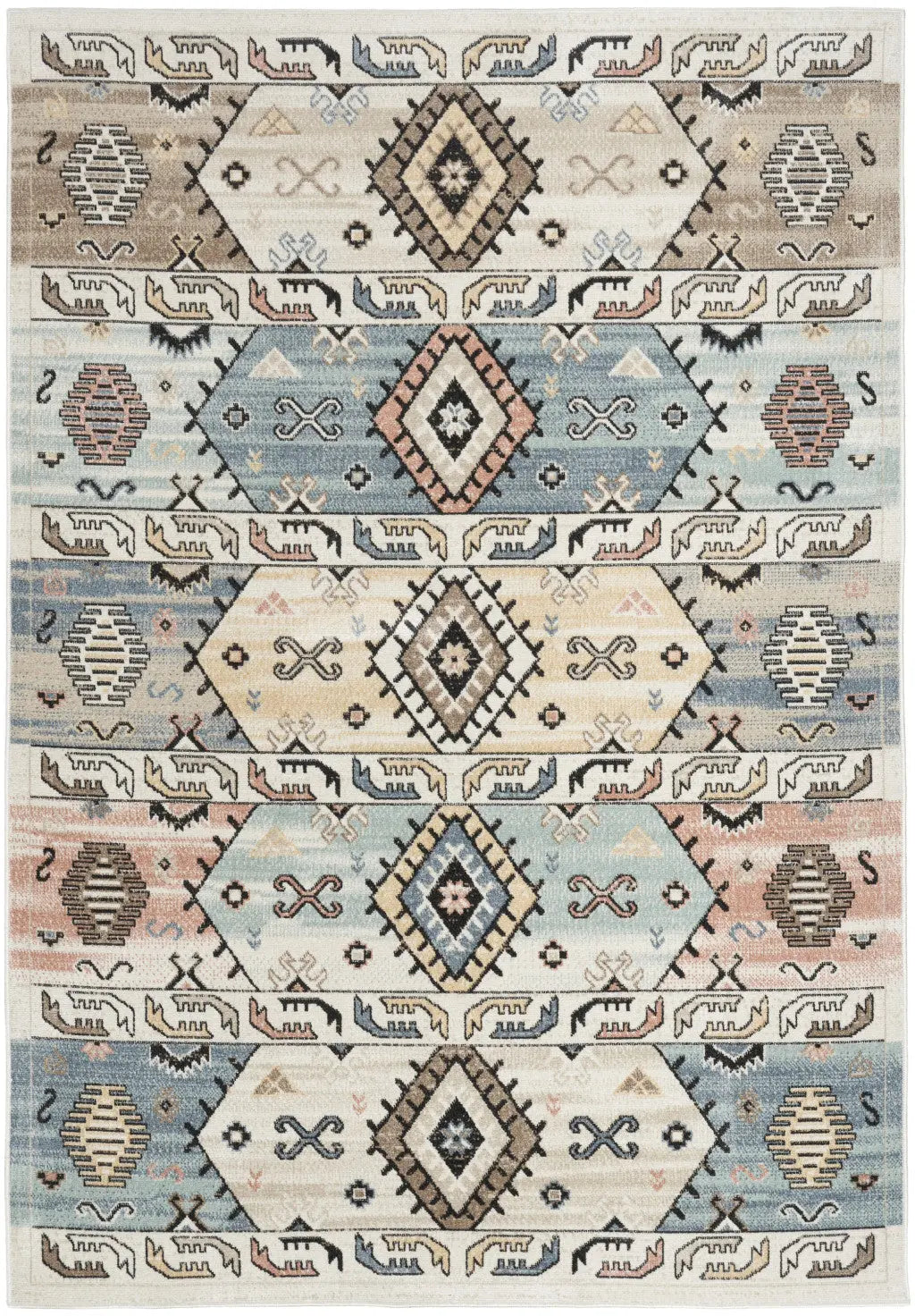 5' X 7' Ivory Tan And Blue Geometric Flatweave Area Rug Homeroots Home Decor