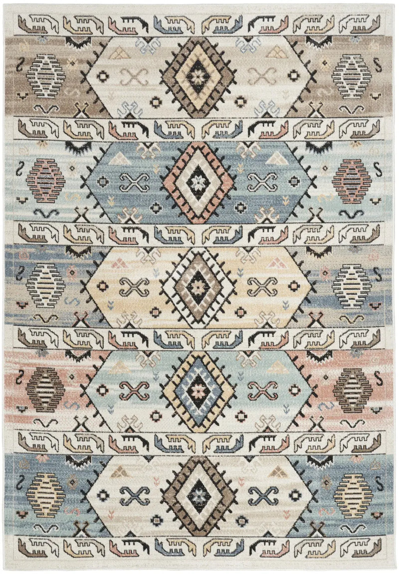 5' X 7' Ivory Tan And Blue Geometric Flatweave Area Rug Homeroots Home Decor