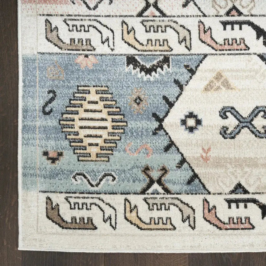 5' X 7' Ivory Tan And Blue Geometric Flatweave Area Rug Homeroots Home Decor