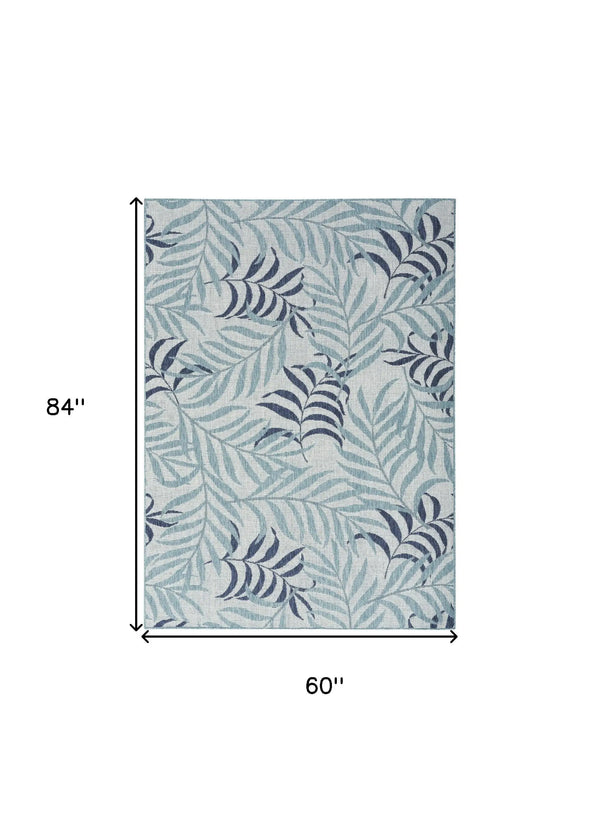 5' X 7' Navy Blue Ivory And Blue Palm Leaf Indoor Outdoor Area Rug Homeroots Outdoor