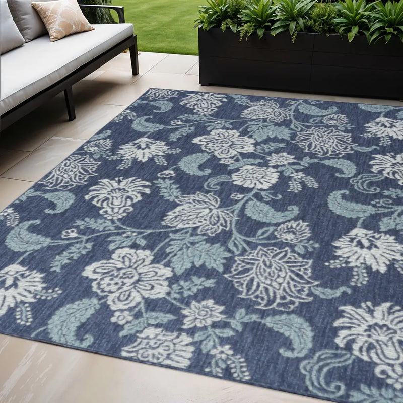 5' X 7' Navy Blue Sky Blue And Ivory Floral Indoor Outdoor Area Rug Homeroots Outdoor