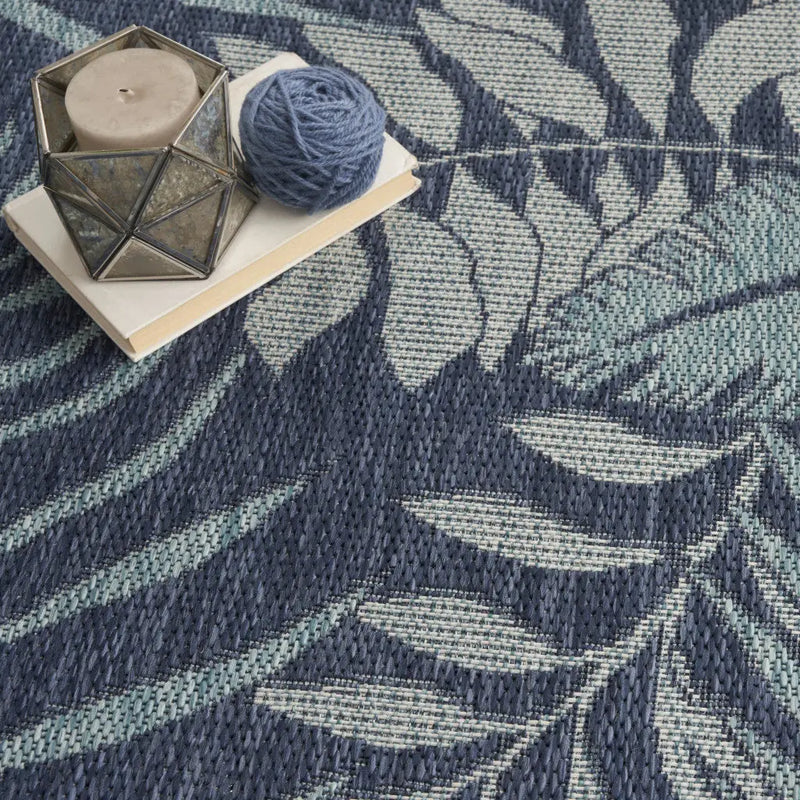 5' X 7' Navy Blue Sky Blue And Ivory Palm Leaf Indoor Outdoor Area Rug Homeroots Outdoor
