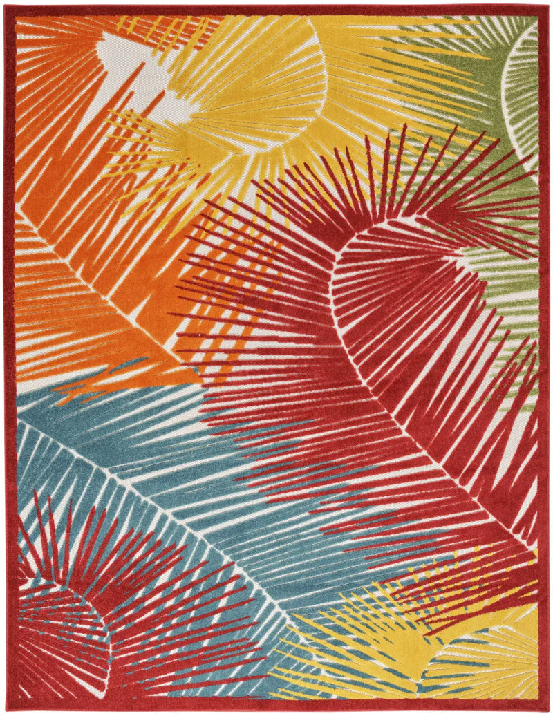 5' X 7' Orange Yellow Red Blue And Green Palm Leaf Indoor Outdoor Area Rug - GreatEagleInc