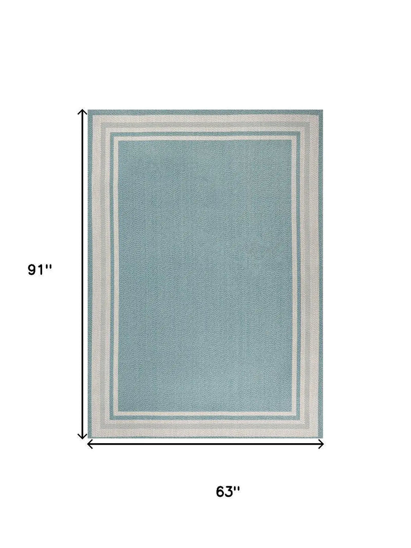 5' X 8' Aqua And Beige Striped Indoor Outdoor Area Rug Homeroots Outdoor