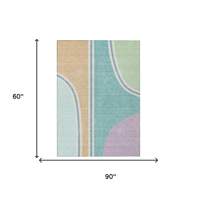 5' X 8' Aqua And Copper Geometric Washable Indoor Outdoor Area Rug Homeroots Outdoor