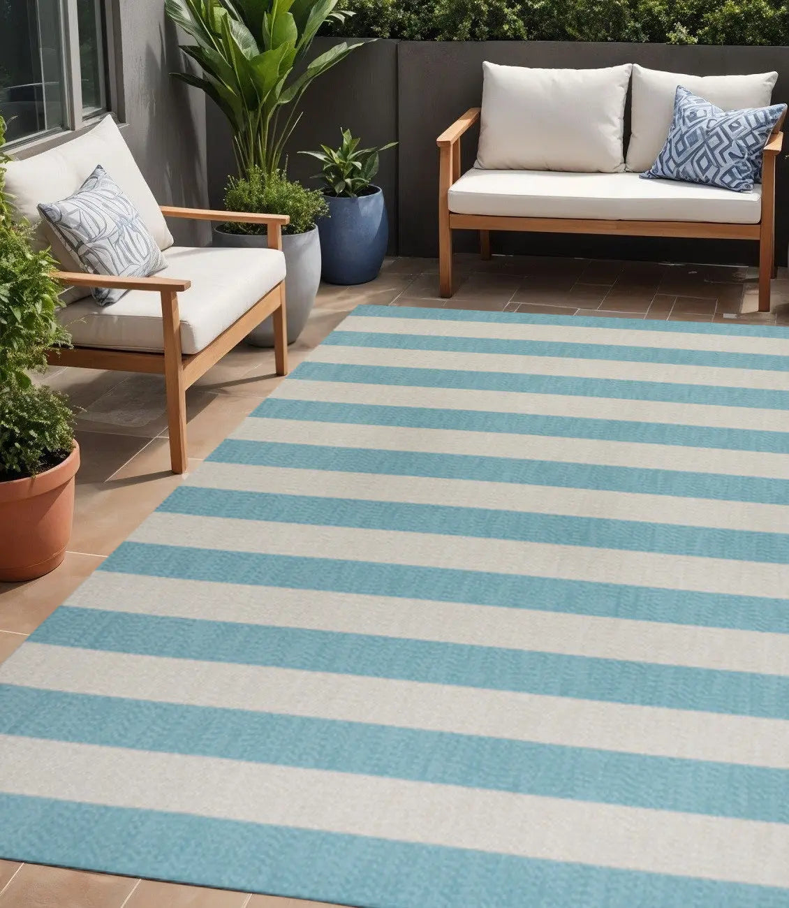 5' X 8' Aqua And Cream Striped Indoor Outdoor Area Rug Homeroots Outdoor