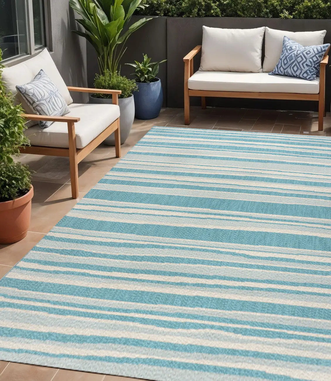 5' X 8' Aqua And Cream Striped Indoor Outdoor Area Rug Homeroots Outdoor