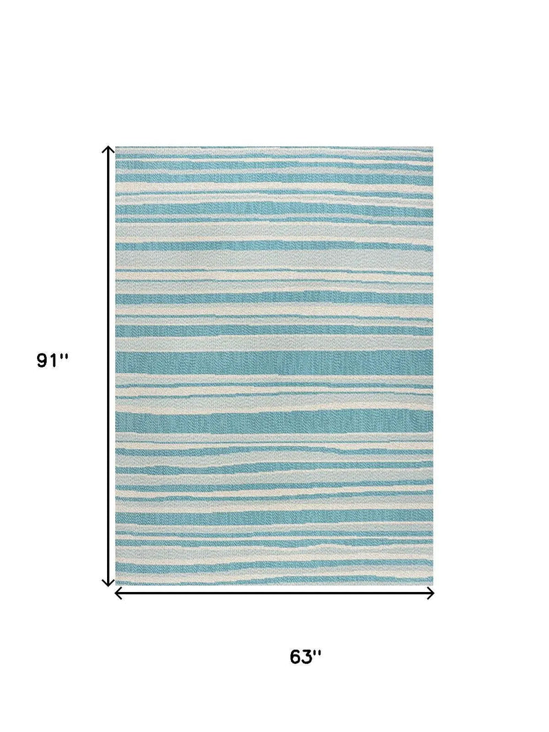 5' X 8' Aqua And Cream Striped Indoor Outdoor Area Rug Homeroots Outdoor