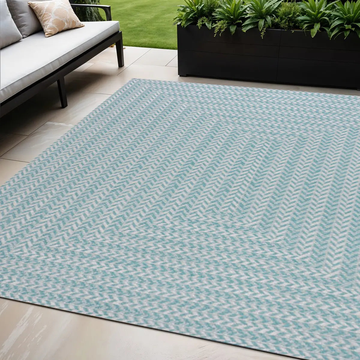 5' X 8' Aqua And Light Gray Striped Indoor Outdoor Area Rug Homeroots Outdoor