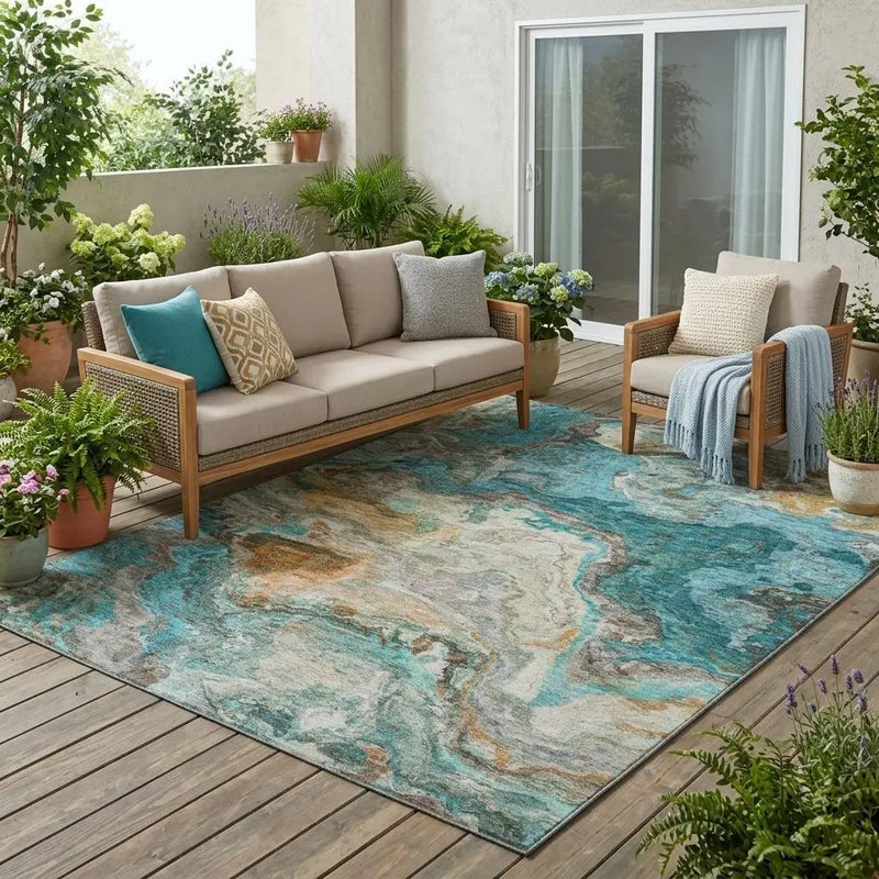 5' X 8' Aqua And Teal Blue Abstract Washable Indoor Outdoor Area Rug Homeroots Outdoor