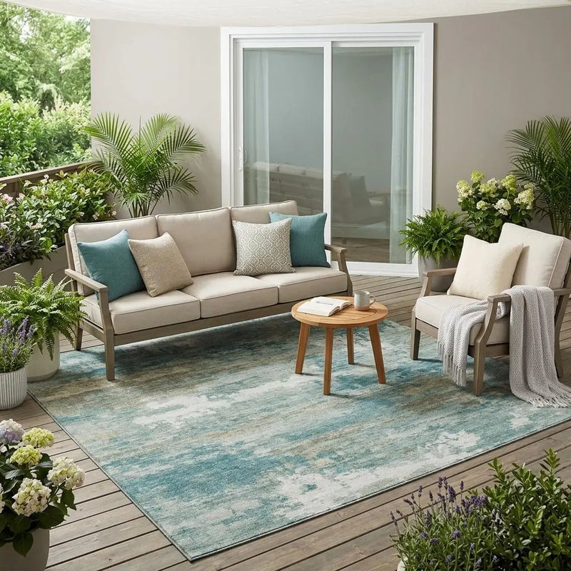 5' X 8' Aqua And Teal Blue Abstract Washable Indoor Outdoor Area Rug Homeroots Outdoor