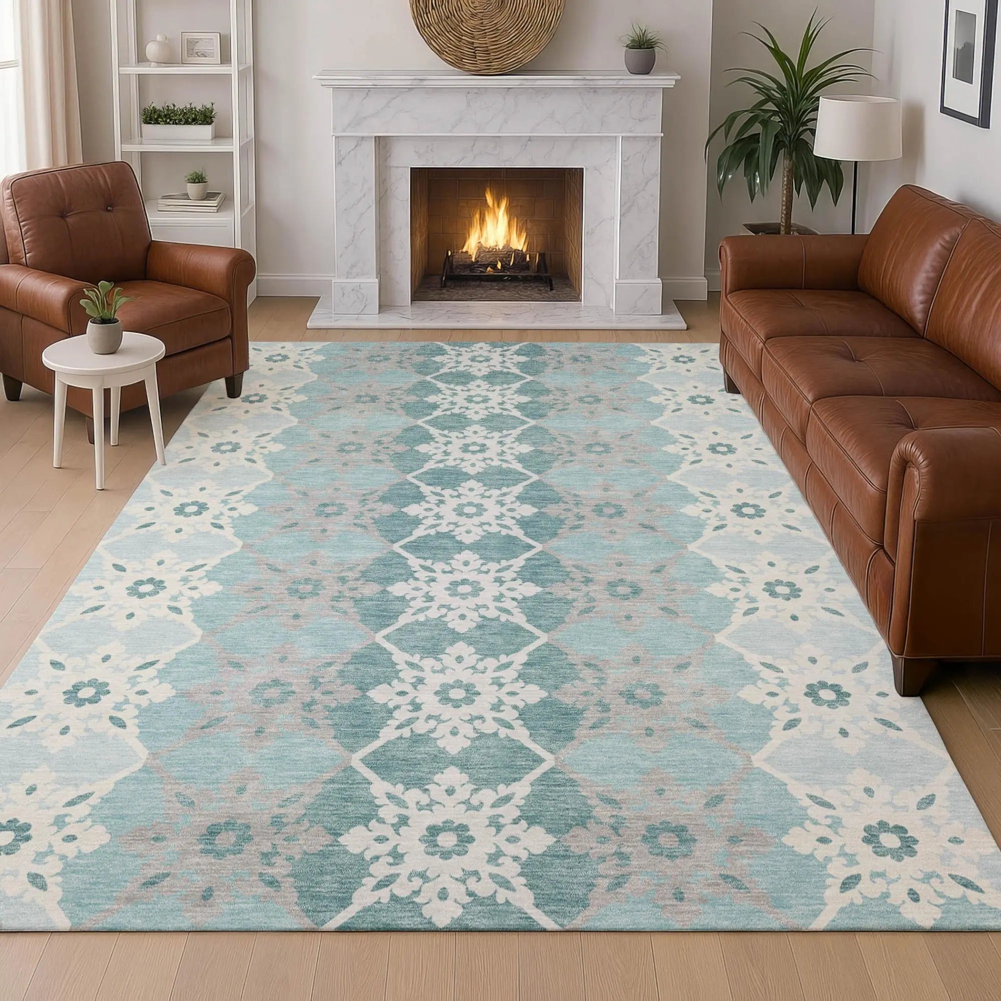 5' X 8' Aqua And Teal Blue Floral Medallion Washable Indoor Outdoor Area Rug Homeroots Outdoor