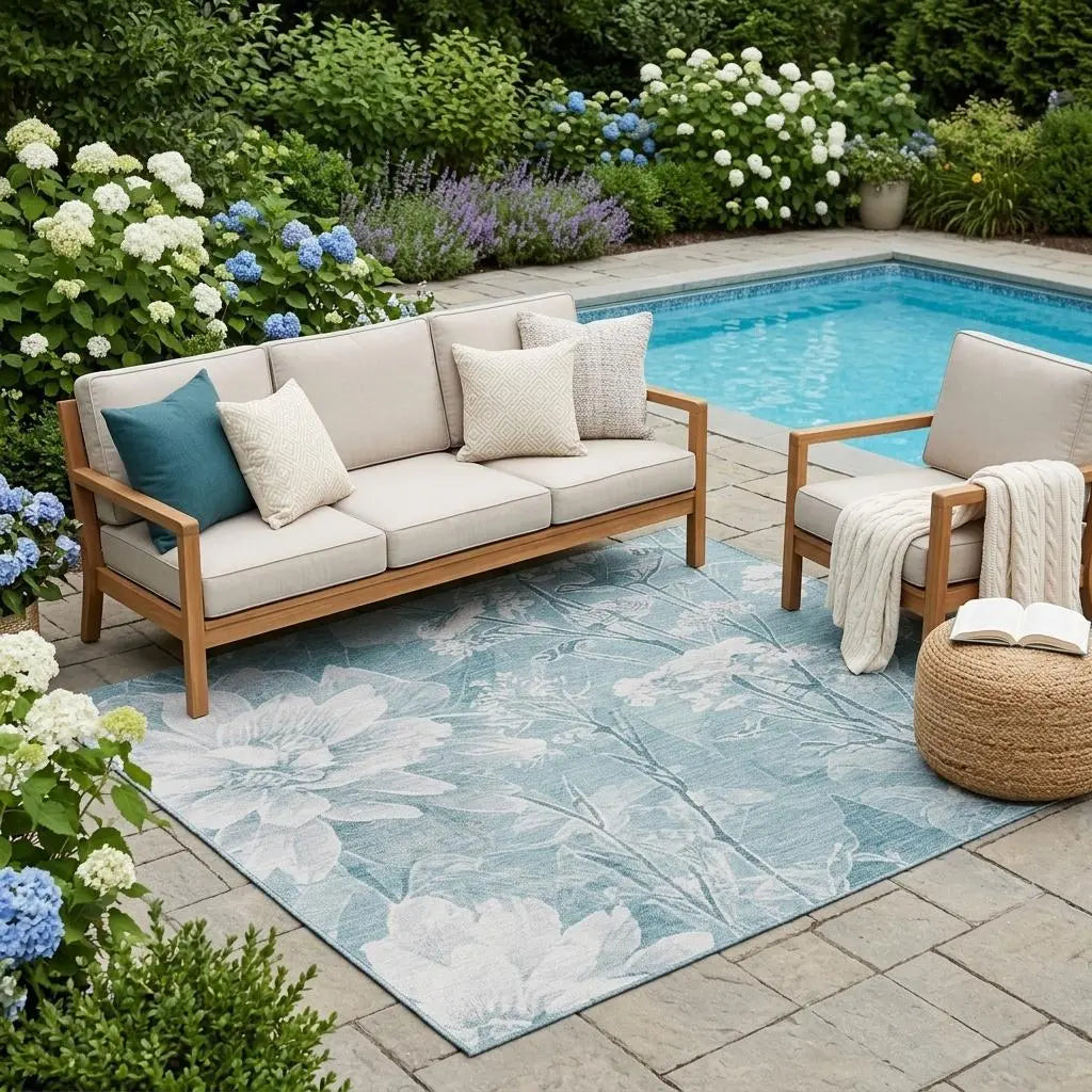 5' X 8' Aqua And Teal Blue Floral Washable Indoor Outdoor Area Rug Homeroots Outdoor