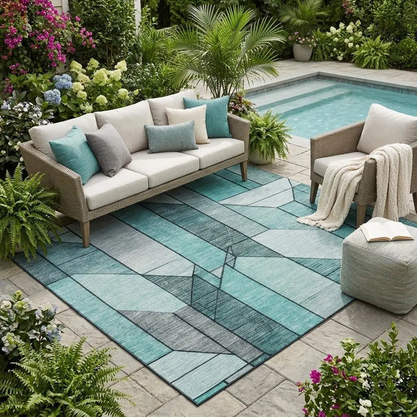 5' X 8' Aqua And Teal Blue Geometric Washable Indoor Outdoor Area Rug Homeroots Outdoor
