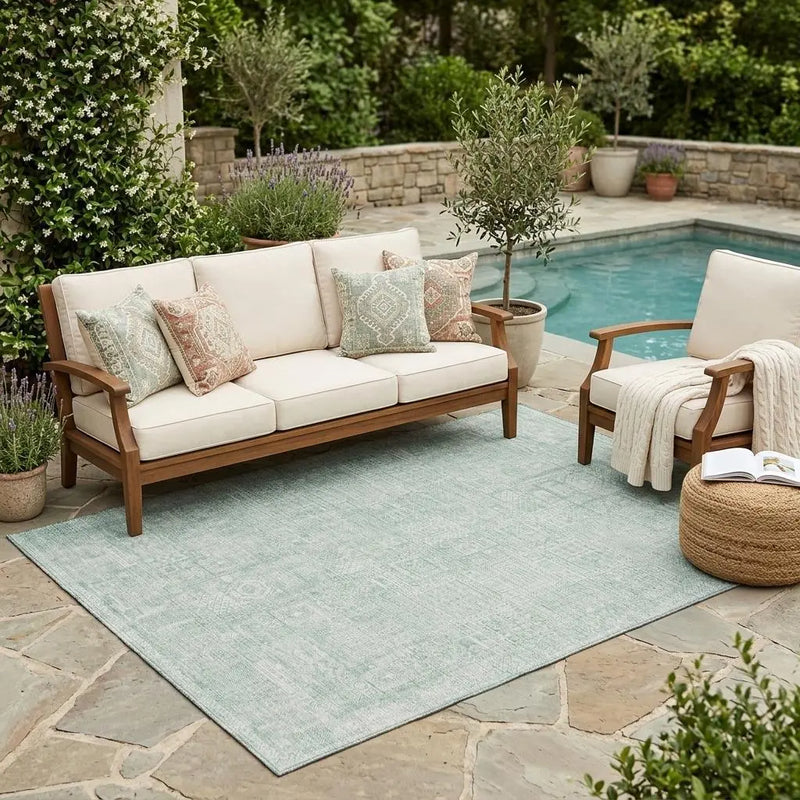 5' X 8' Aqua And Teal Blue Oriental Washable Indoor Outdoor Area Rug Homeroots Outdoor