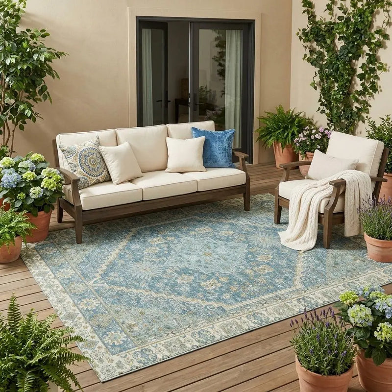 5' X 8' Aqua And Teal Blue Oriental Washable Indoor Outdoor Area Rug Homeroots Outdoor