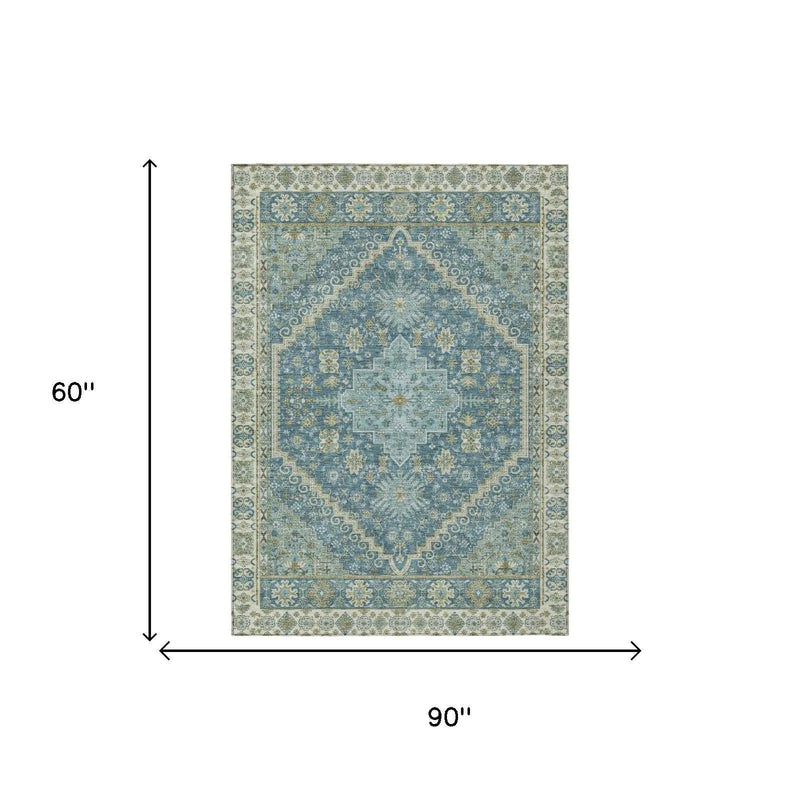 5' X 8' Aqua And Teal Blue Oriental Washable Indoor Outdoor Area Rug Homeroots Outdoor