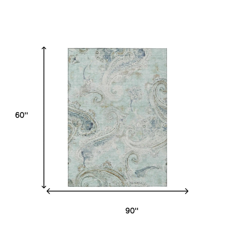 5' X 8' Aqua And Teal Blue Paisley Washable Indoor Outdoor Area Rug Homeroots Outdoor