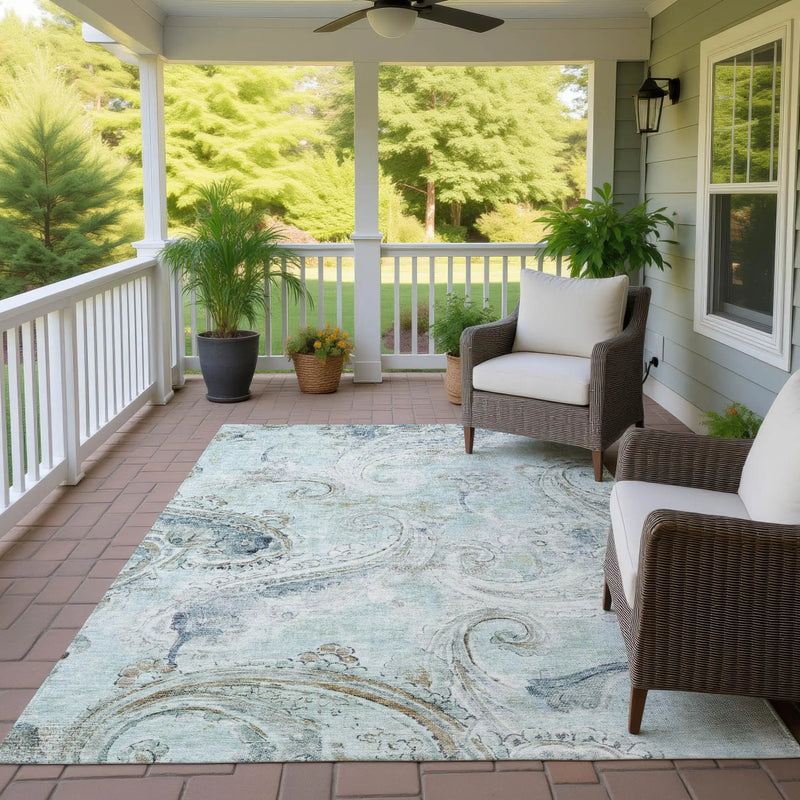 5' X 8' Aqua And Teal Blue Paisley Washable Indoor Outdoor Area Rug Homeroots Outdoor