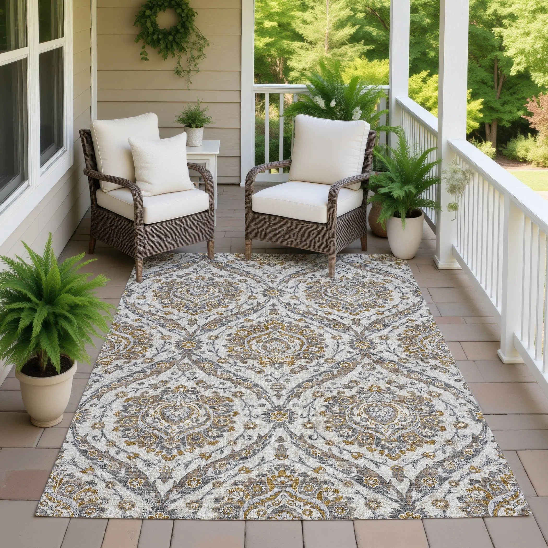 5' X 8' Beige And Blue Floral Washable Indoor Outdoor Area Rug Homeroots Outdoor