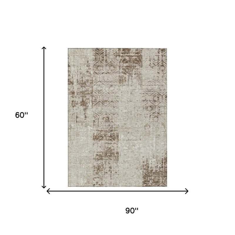 5' X 8' Beige And Brown Abstract Washable Indoor Outdoor Area Rug Homeroots Outdoor
