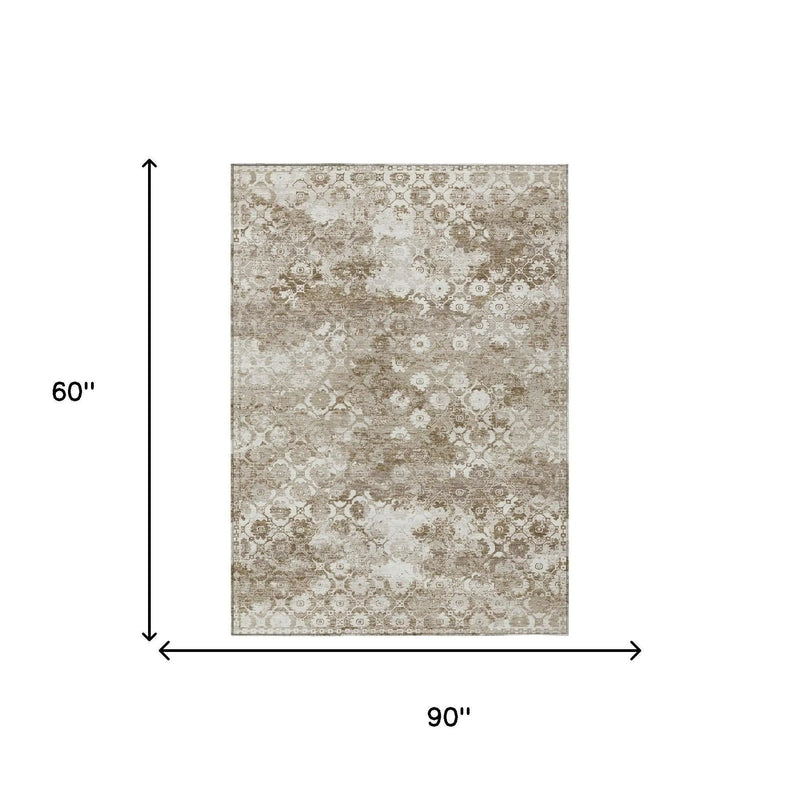 5' X 8' Beige And Brown Floral Medallion Washable Indoor Outdoor Area Rug Homeroots Outdoor