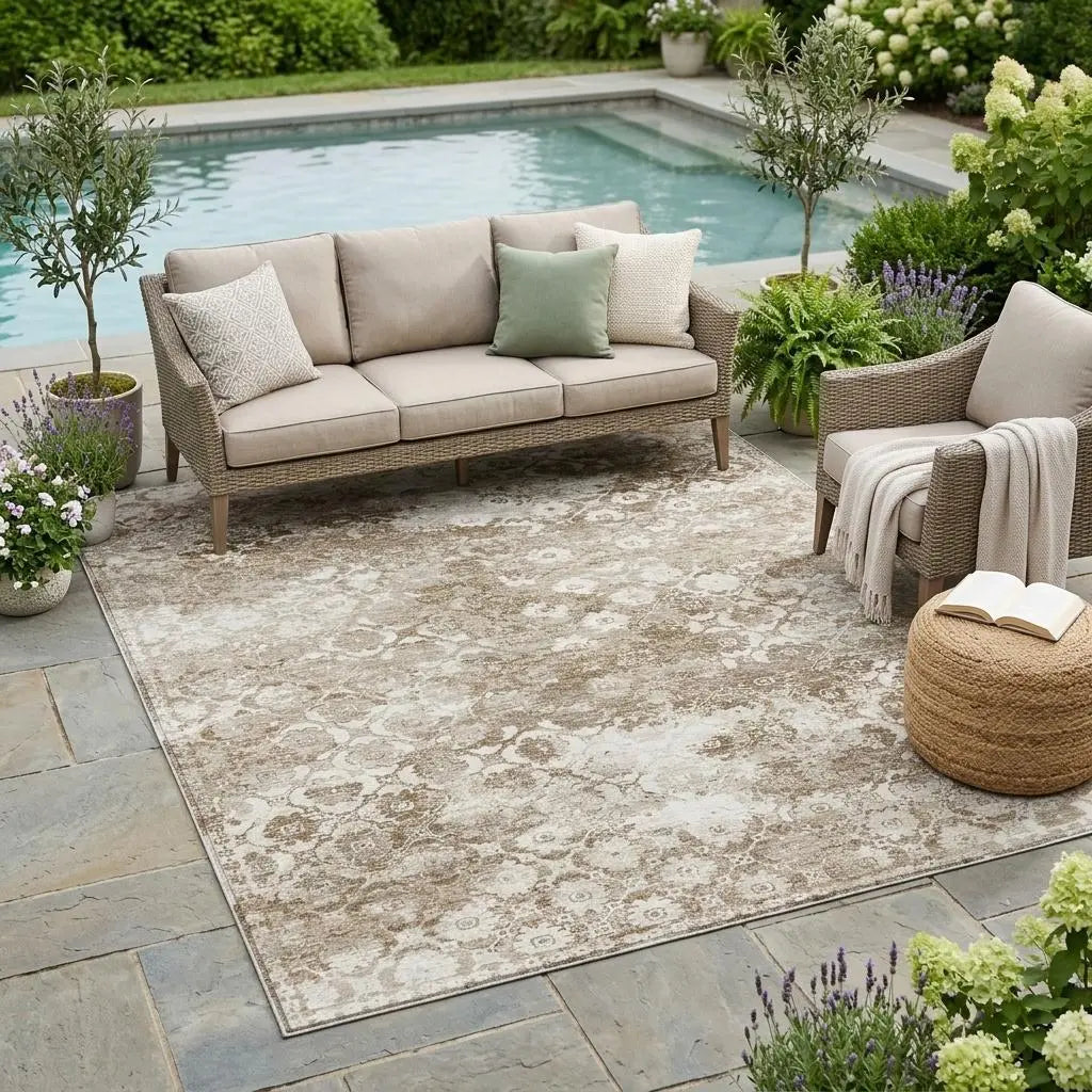 5' X 8' Beige And Brown Floral Medallion Washable Indoor Outdoor Area Rug Homeroots Outdoor