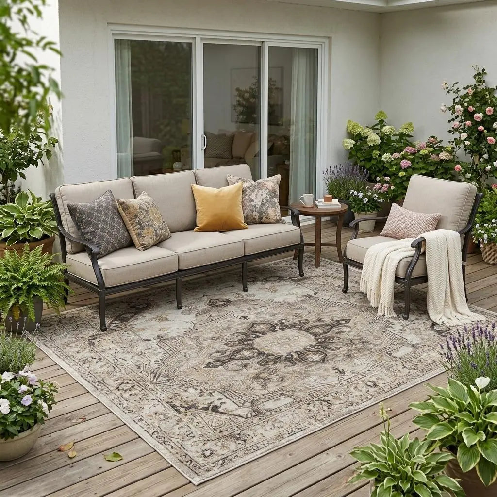 5' X 8' Beige And Brown Floral Medallion Washable Indoor Outdoor Area Rug Homeroots Outdoor