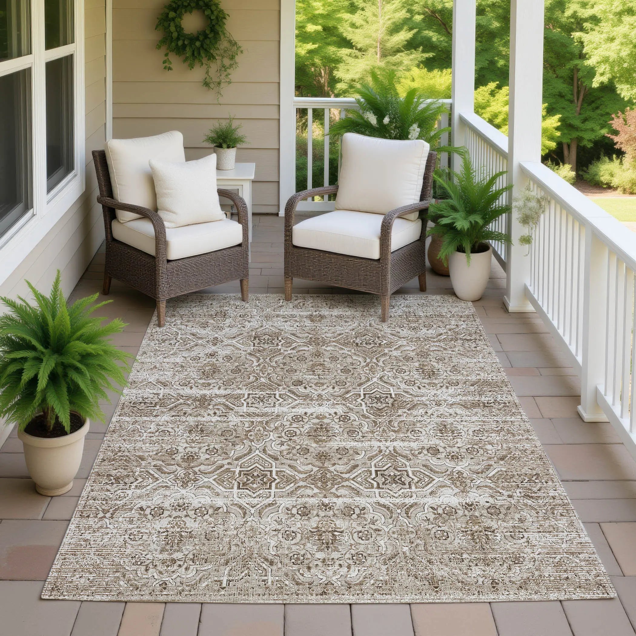 5' X 8' Beige And Brown Floral Washable Indoor Outdoor Area Rug Homeroots Outdoor