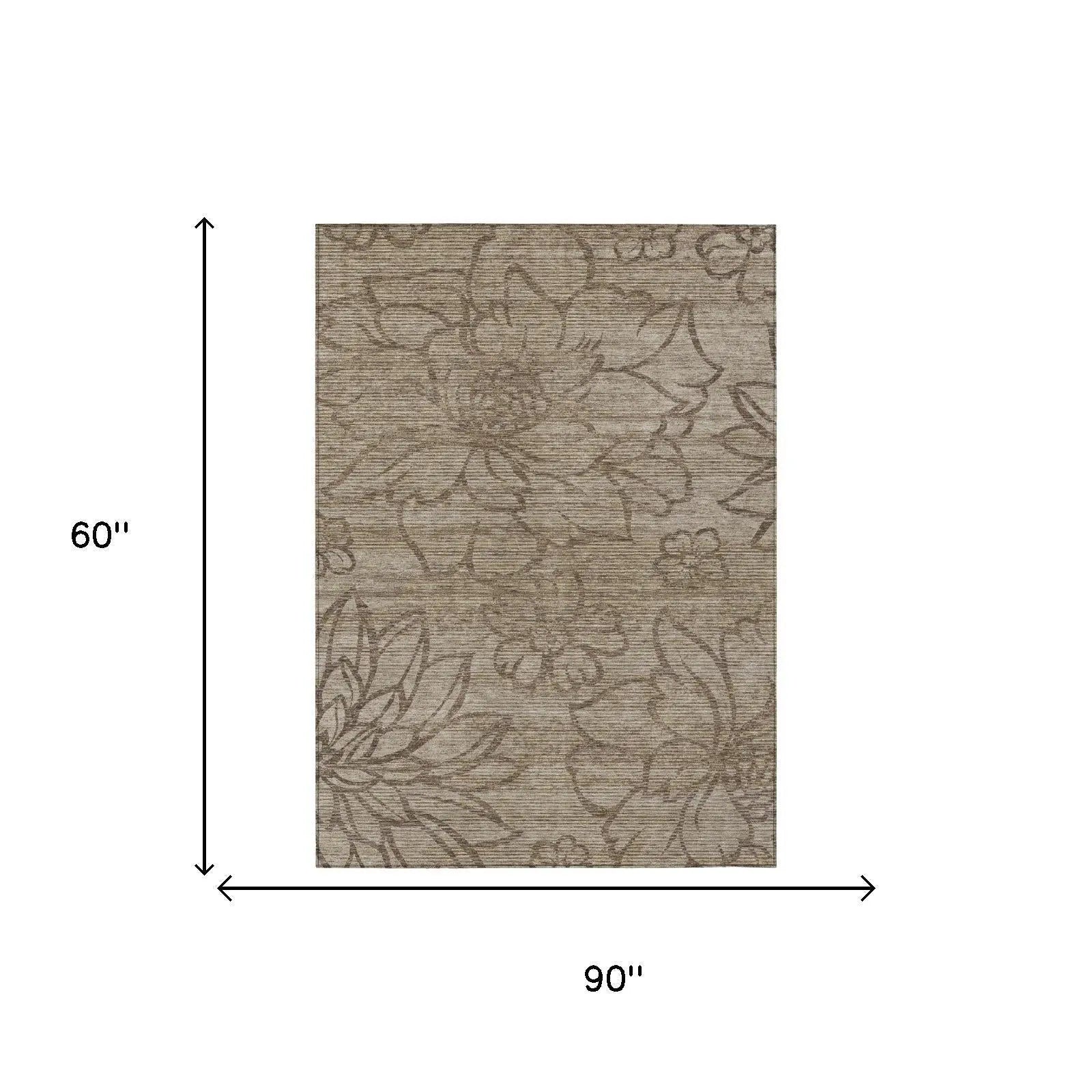 5' X 8' Beige And Brown Floral Washable Indoor Outdoor Area Rug Homeroots Outdoor