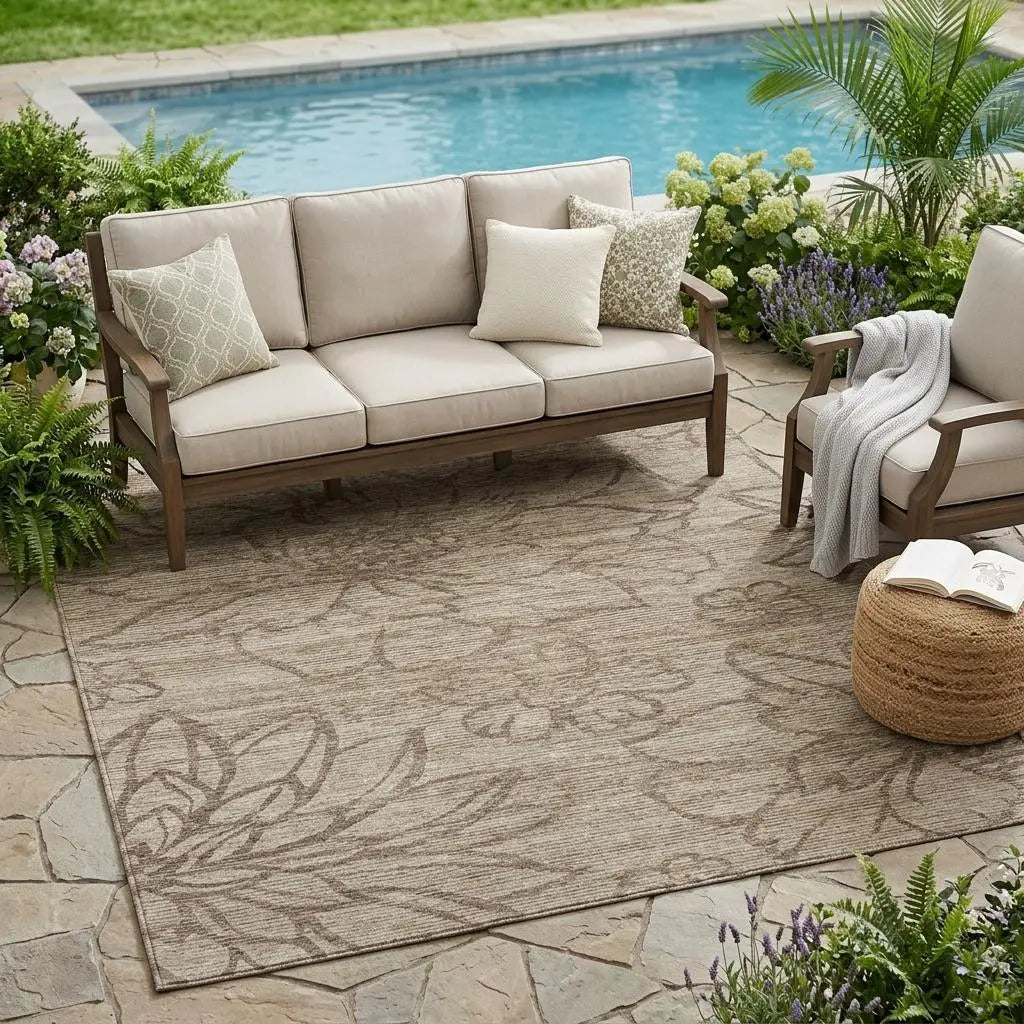 5' X 8' Beige And Brown Floral Washable Indoor Outdoor Area Rug Homeroots Outdoor