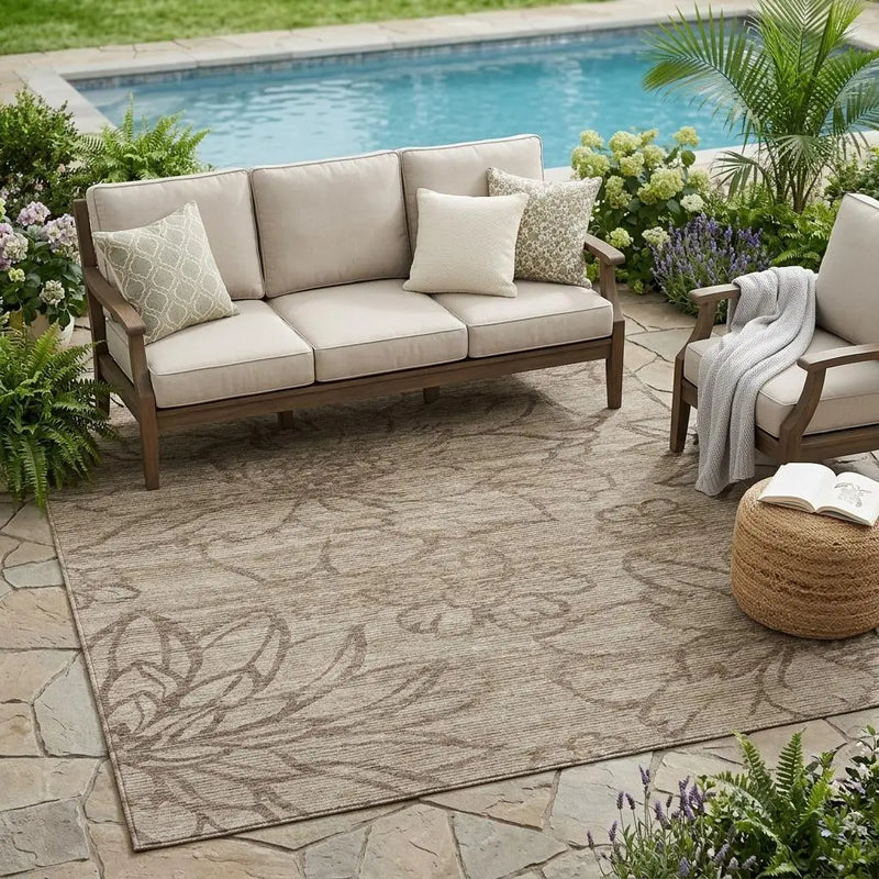 5' X 8' Beige And Brown Floral Washable Indoor Outdoor Area Rug Homeroots Outdoor