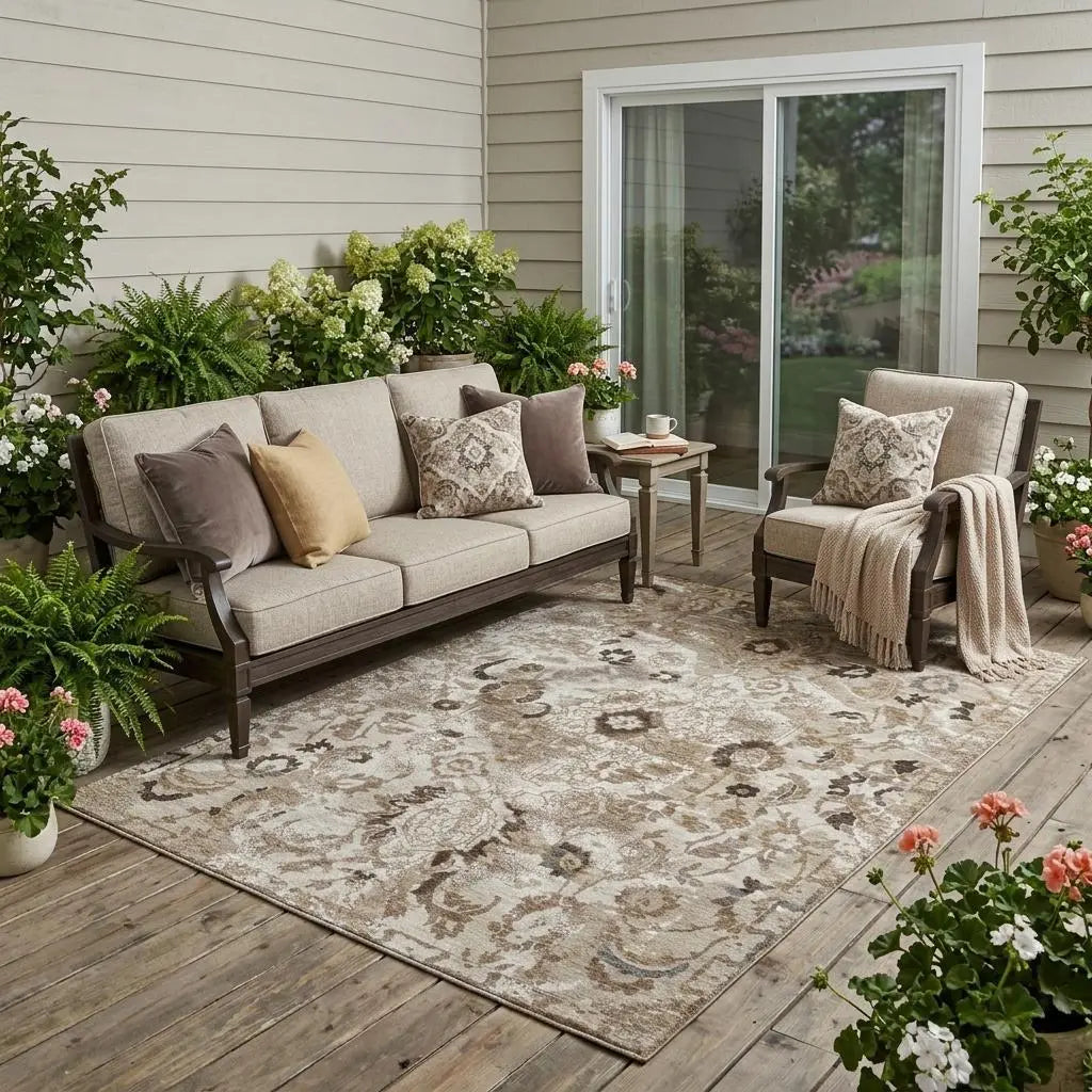 5' X 8' Beige And Brown Floral Washable Indoor Outdoor Area Rug Homeroots Outdoor