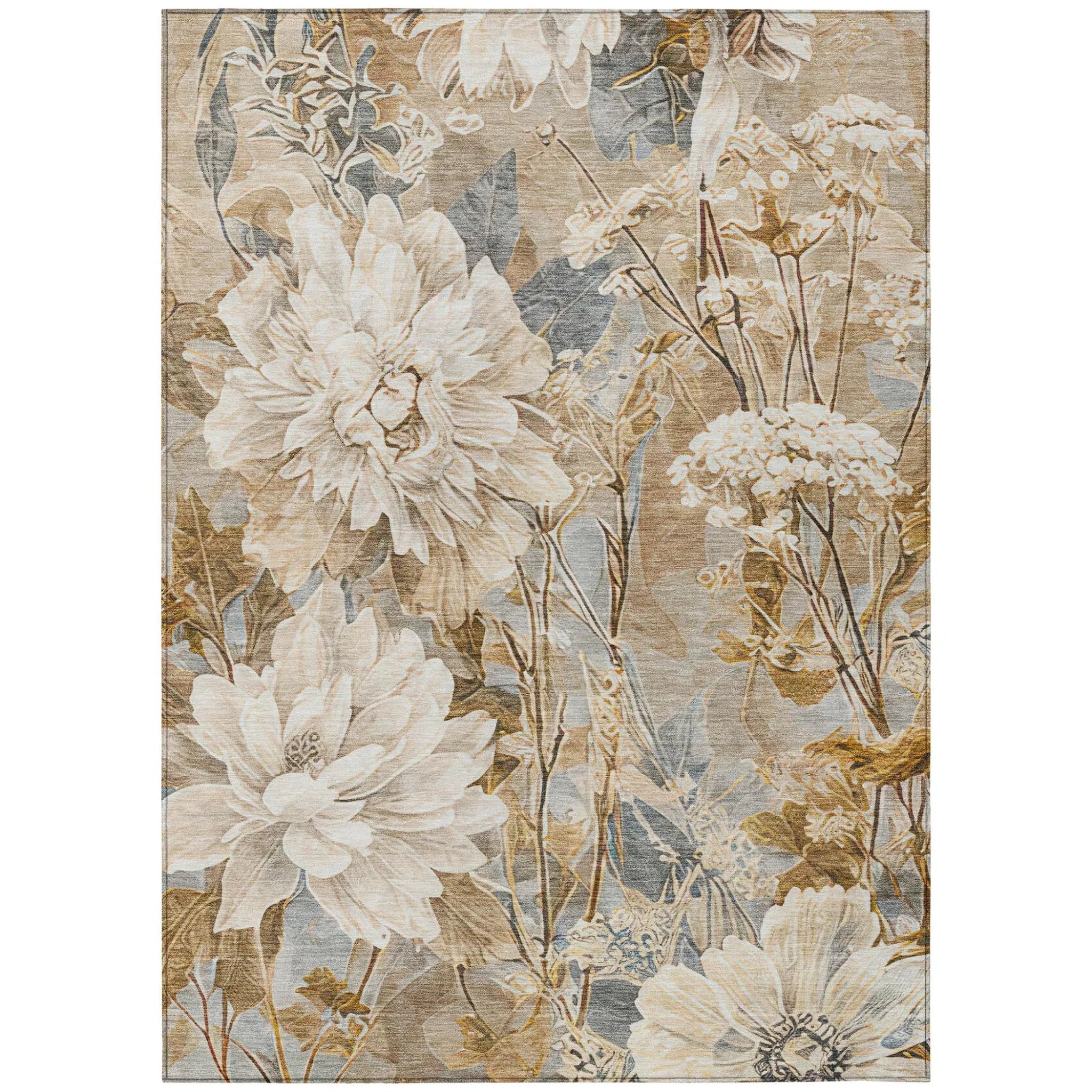 5' X 8' Beige And Brown Floral Washable Indoor Outdoor Area Rug Homeroots Outdoor