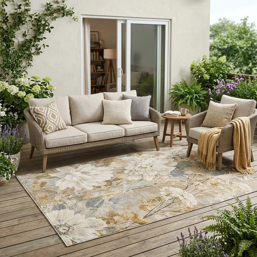 5' X 8' Beige And Brown Floral Washable Indoor Outdoor Area Rug Homeroots Outdoor