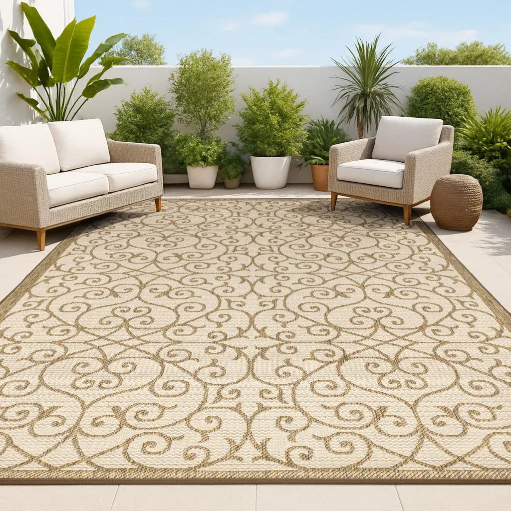 5' X 8' Beige And Brown Geometric Indoor Outdoor Area Rug Homeroots Outdoor